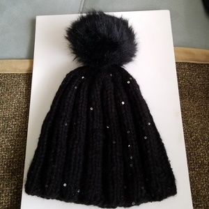 NWOT Black knit hat with sequins and pompom